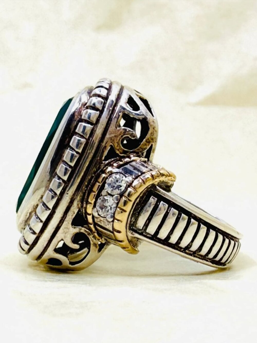 Vintage 14K Gold Sterling Silver Green Onyx Statement Ring Size 7 - Picture 6 of 10